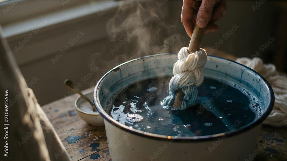 Fototapeta premium Person Dipping Fabric Knot into Dye Vat for Textile Coloring Process