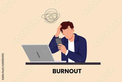 Experiencing complete mental fatigue after excessive digital workload.Digital stress concept. Colored flat graphic vector ilustration isolated