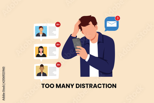 Endless notifications and online interactions make it difficult to concentrate.Digital stress concept. Colored flat graphic vector ilustration isolated