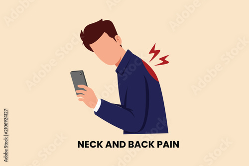 Poor posture while using a smartphone causes neck and back discomfort.Digital stress concept. Colored flat graphic vector ilustration isolated