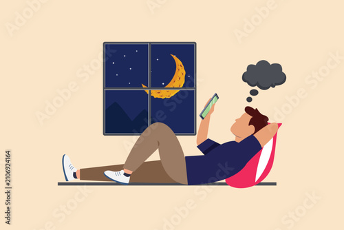 Spending hours on the phone at night, leading to fatigue and poor sleep.Digital stress concept. Colored flat graphic vector ilustration isolated
