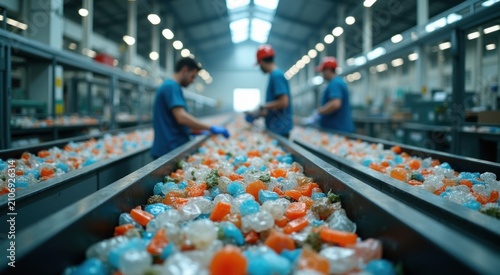 Workers working on a conveyor belt in a factory with plastic bags