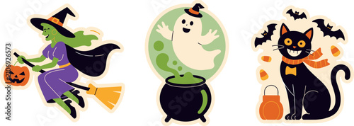 Fotografie Set of cute Halloween stickers featuring a witch flying on a broomstick, a ghost