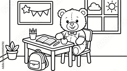 teddy bear sitting at school desk with book and apple in classroom for kids education