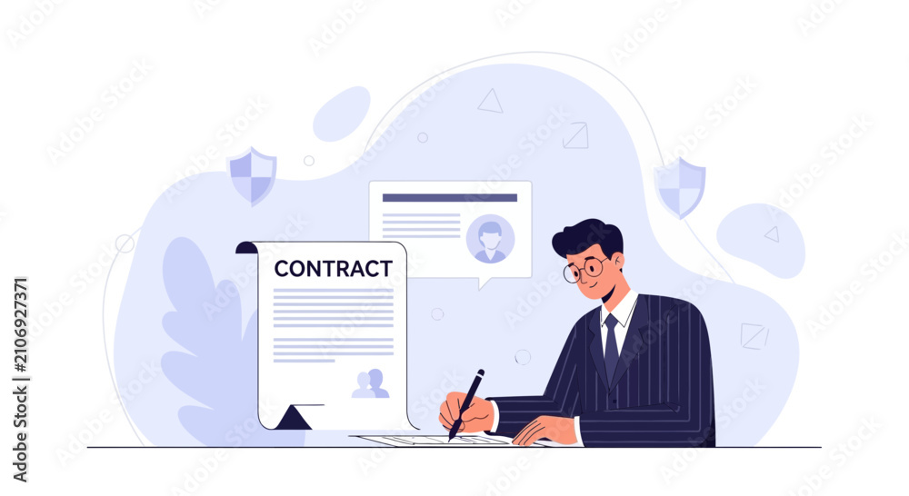 Fototapeta premium Businessman signing a contract with a pen, representing legal agreement, partnership, and business deal completion in a modern vector illustration style.