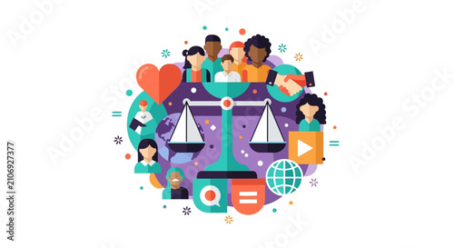 Diverse People and Scales of Justice Illustration for Social Equality, Human Rights, and Global Inclusion Concept