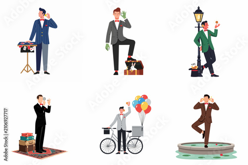Bild auf Leinwand Set of six professional magicians in elegant suits performing various illusions and tricks with gold coins, featuring rabbits, balloons, and street lamps