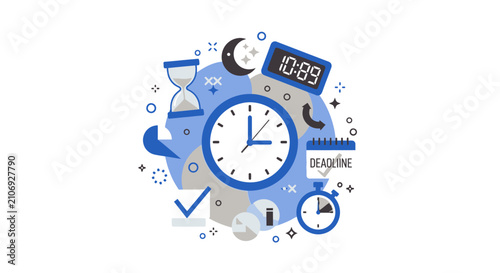 Time Management and Productivity Concept Illustration with Clock, Deadline, and Stopwatch Icons