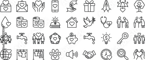 Принти на полотні Set of thin line icons representing charity donation and social support services