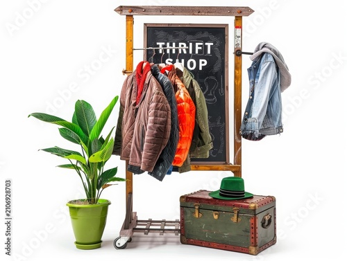 Vintage thrift shop display with casual clothes hanging on wooden rack, old suitcase and blackboard sign isolated on white background