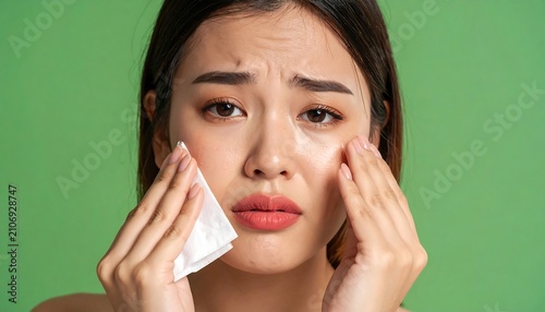 Woman's worried face with tissue, skin care concern