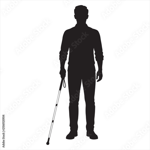 Full Body Black Silhouette of Blind Man Standing and Holding White Walking Cane Isolated on White Background