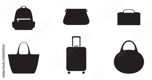 Фотография Set of six black silhouettes of travel bags and luggage items on a transparent background