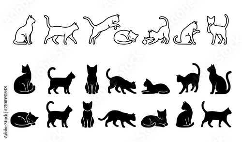 Photography Cat Silhouette and Outline Icons Collection Vector Set