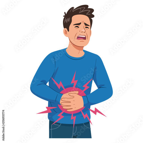 Male character experiencing abdominal discomfort symptom of gastritis with stomach pain indigestion cartoon people illustration