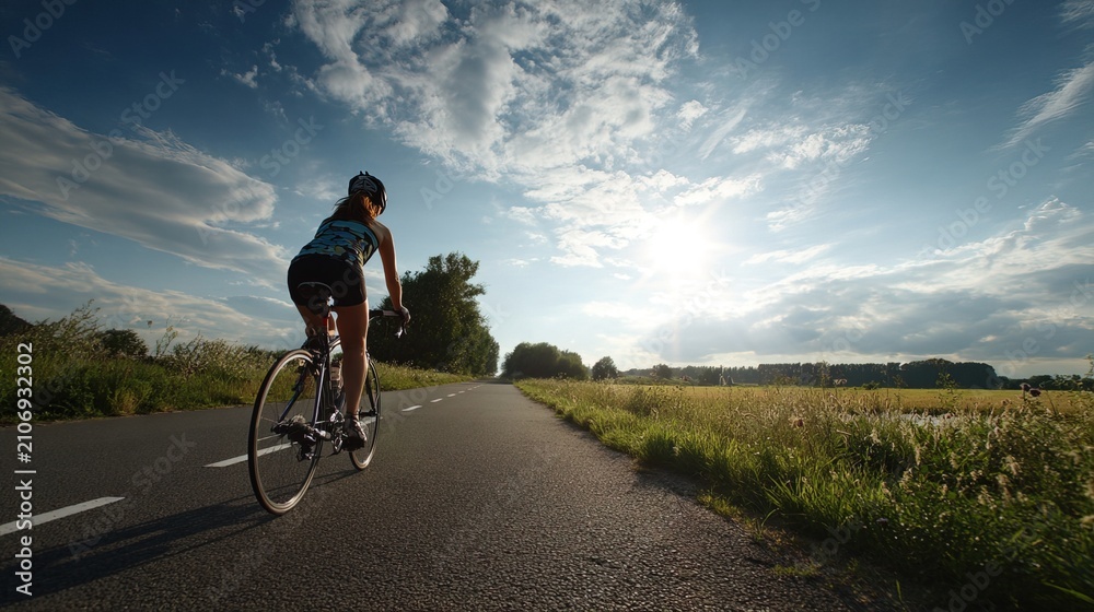 Fototapeta premium A woman rides a bicycle along a country road on a sunny day. Green fields and trees line the path, and the sky is filled with clouds. Sunlight shines on the scene