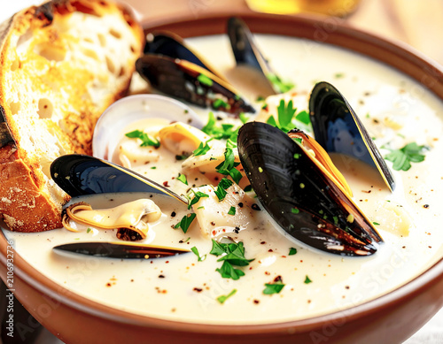 Creamy clam chowder and mussels with crusty bread on the side, closeup view.