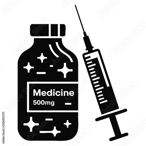 Medicine vial and syringe glyph icon with neurotoxin injection medications concept silhouette symbol and negative space vector isolated illustration for healthcare themes