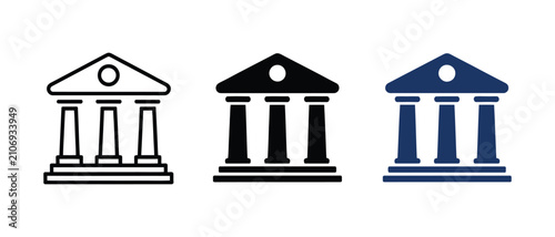 Classical building icons illustrating finance, governance, and institutional architecture symbols in outline, solid, and colored styles with clean minimalist vector graphics for banking, legal service