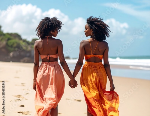Women walk holding hands on sunny beach