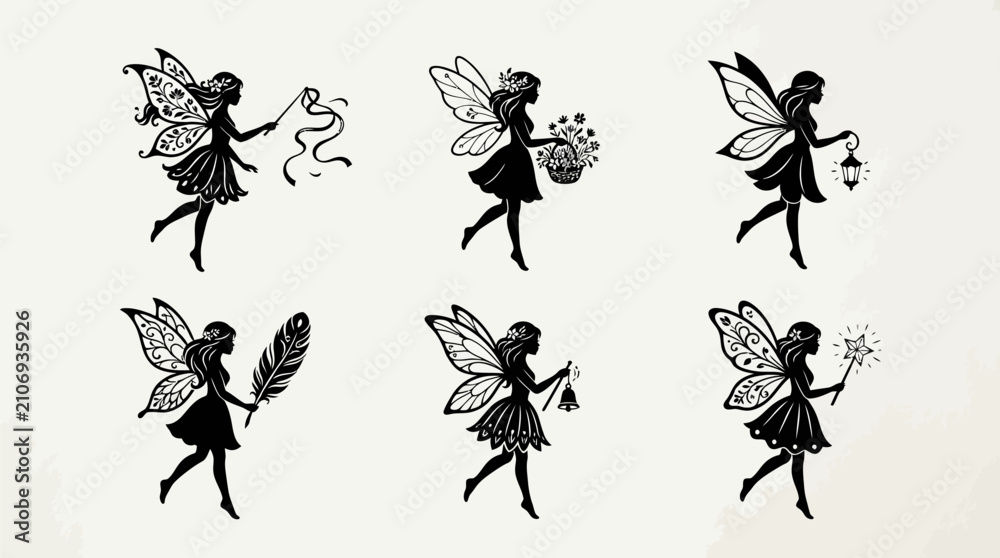 Fototapeta premium Set of six whimsical fairy silhouettes holding magical items and natural objects isolated vector illustration with silhouette illustrations fairies