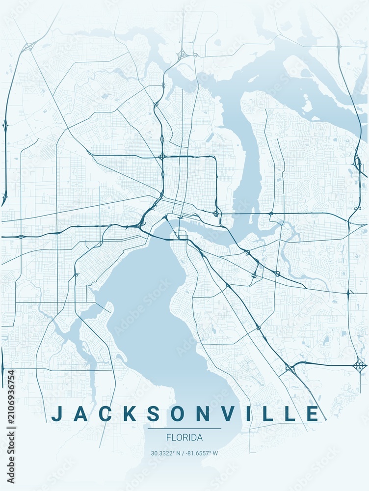 Obraz premium Modern Jacksonville City Map Poster Design, Ocean Style Urban Street Grid Cartography
