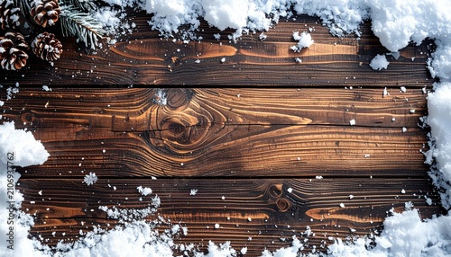 A rustic wooden background with snow-covered edges, pine cones, and a sprig of greenery creating a wintery aesthetic
