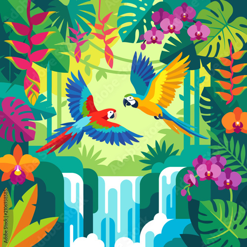 Two macaws flying in a tropical rainforest. Colorful parrots soaring over a jungle waterfall.