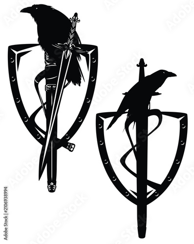 Photos fantasy medieval knight sword and scabbard with perching raven bird and heraldic