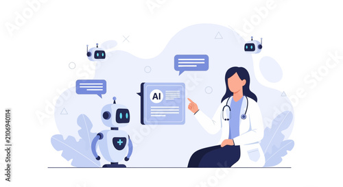 Doctor Interacting with AI Robot and Bots for Futuristic Healthcare and Medical Innovation