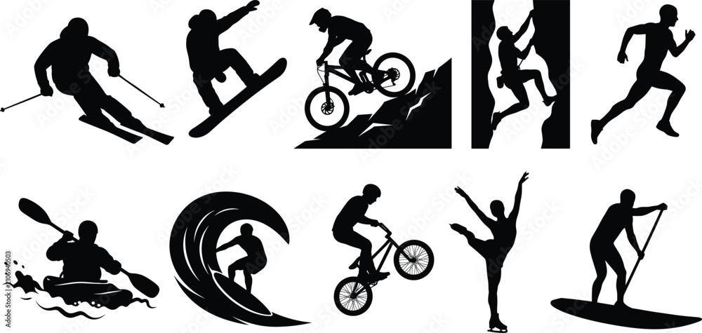 Obraz premium Extreme sports and outdoor activities vector silhouettes set featuring surfing skiing climbing and biking