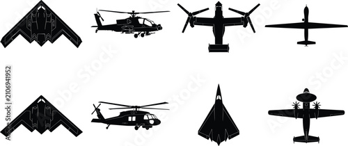 Obraz na płótnie Vector silhouette icons of aircraft including stealth bombers, helicopters, tilt