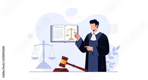Lawyer with Scales of Justice, Gavel, and Law Book Vector Illustration