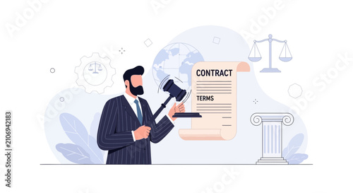 Legal Contract Agreement with Gavel, Scales of Justice, Globe, and Lawyer - Concept of Law, Justice, and Business Dealings