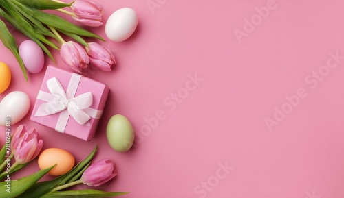 Overhead shot of Easter celebration essentials on pink background tulips, colorful eggs, and a gift box. Decorative, elegant