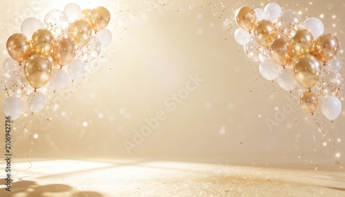 ゴールドと白の風船、紙吹雪が輝く華やかなお祝い背景