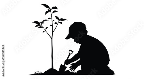 Slika na platnu Person Planting A Sapling Black Silhouette On White Background