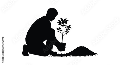Slika na platnu Silhouette Of Person Planting A Sapling Against White Background