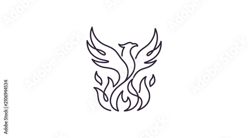 Картината върху платно Phoenix Bird Rising From Flames Line Art Illustration.
