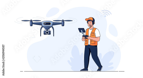 Man Operating Drone with Remote Control, Aerial Photography, Surveillance, and Delivery Concepts