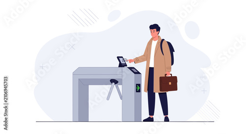 Man using turnstile for access control, modern vector illustration for public transport, office, or event entry