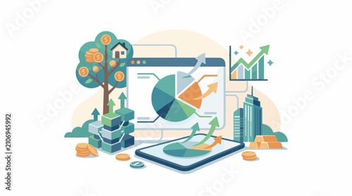 Financial growth illustrated with charts coins and buildings (1)