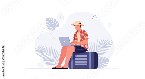 Man Working Remotely on Laptop While Traveling, Sitting on Suitcase with Tropical Background