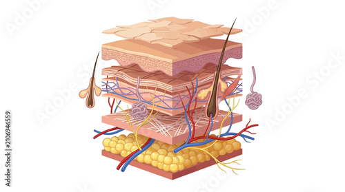 Quadro su tela Detailed cross-section of human skin layers with hair follicles and blood vessel