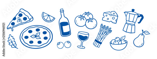 Bild auf Leinwand Food assortment including pizza wine tomatoes and cheese in a blue line style