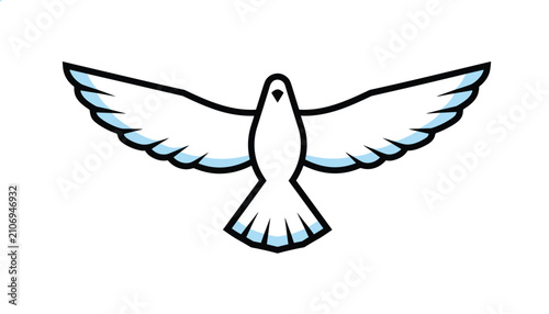 Symmetrical vector icon of a flying white dove with spread wings depicted in a clean flat graphic design style.