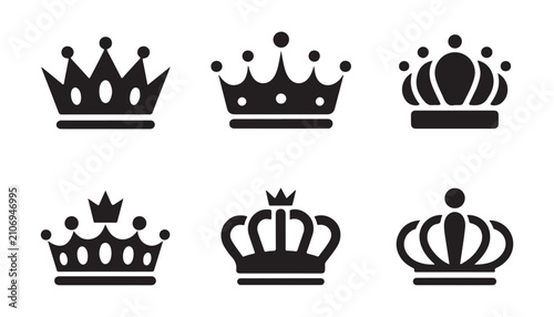 Obraz na płótnie Set of six black crown icons in flat design style, vector illustration with transparent background