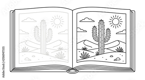 Desert landscape with cacti in open coloring book.