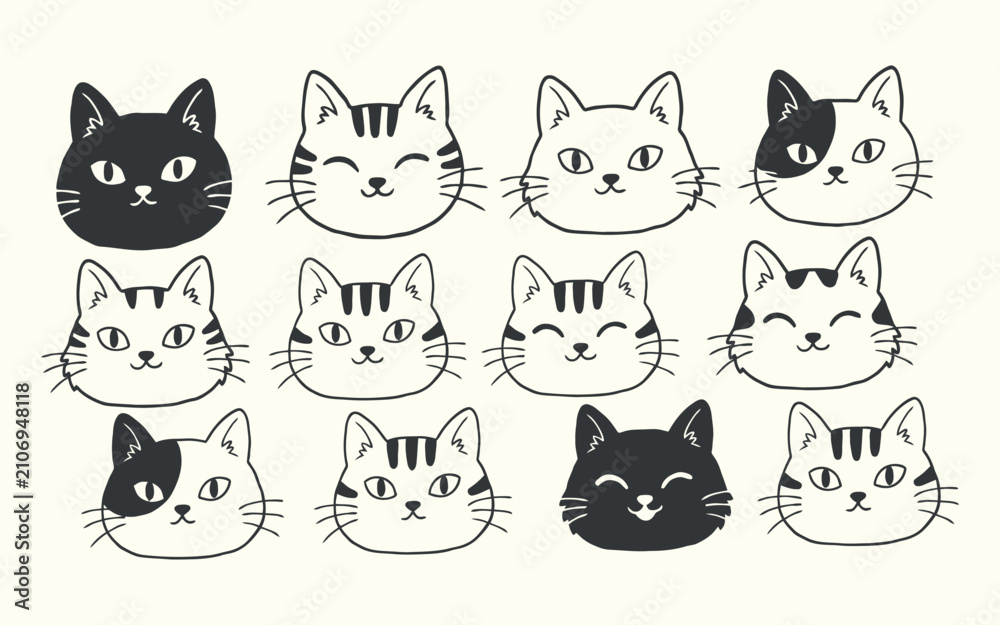Fototapeta premium Collection Of Feline Head Silhouettes In Black Line Art Style On Neutral Surface