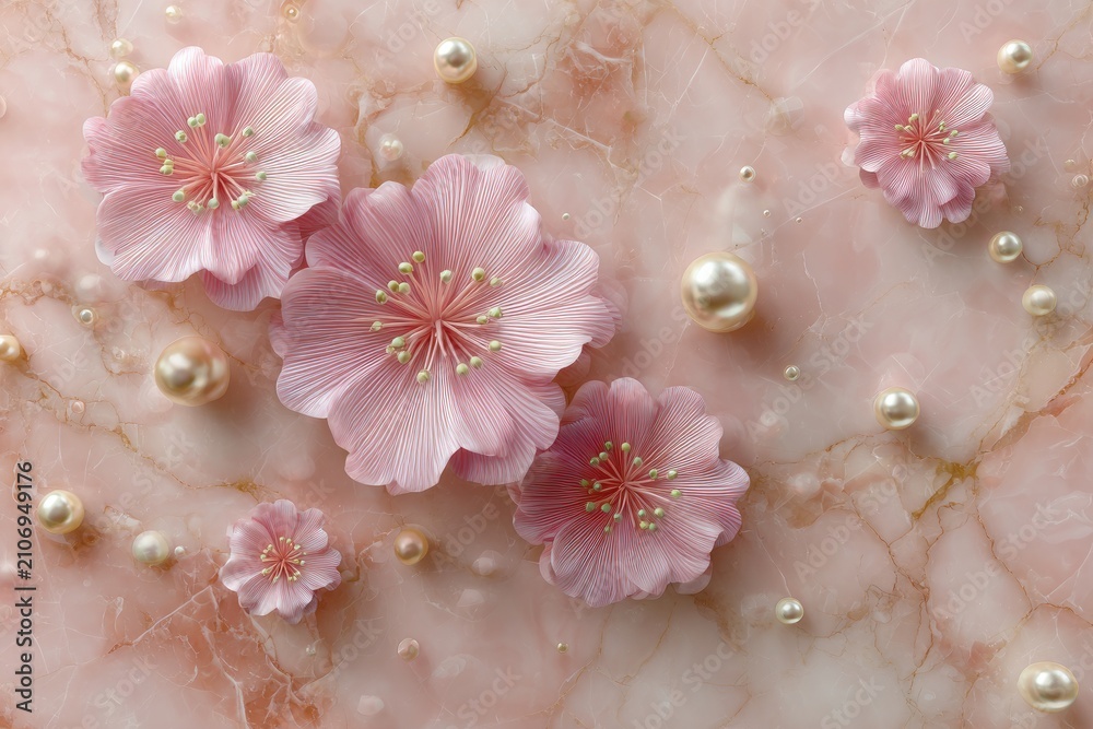 Obraz premium Soft pink flowers and lustrous pearls scattered on a rose-colored marble surface, creating a delicate, elegant composition